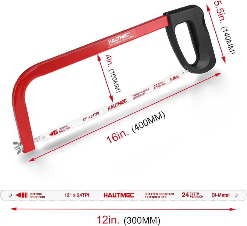 HAUTMEC 12-Inch High Tension Hacksaw, Lightweight Hack saw Frame with 24 TPI Bi-Metal HSS Blade, Adjustable Tension Hand Saw for Cutting Metal, Steel Pipe, PVC, and Wood – HT0398