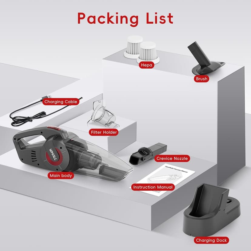 whall Handheld Cordless Car Vacuums, Wet and Dry Use 9000Pa Strong Suction Vacuums, Rechargeable Portable Vacuum Cleaner with LED, Charging Dock, Lightweight Mini Vacuum for Car, Home and Office, Red