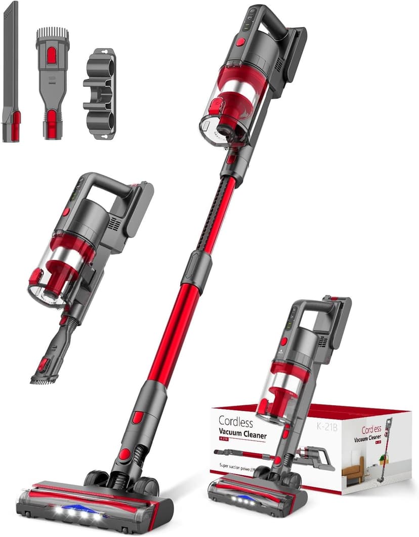 Cordless Vacuum Cleaner, 85,000PRM Upgraded Dual Suction Cordless Stick Vacuum up to 35mins Runtime, Lightweight Rechargeable Vacuum for Home (Grey Red)