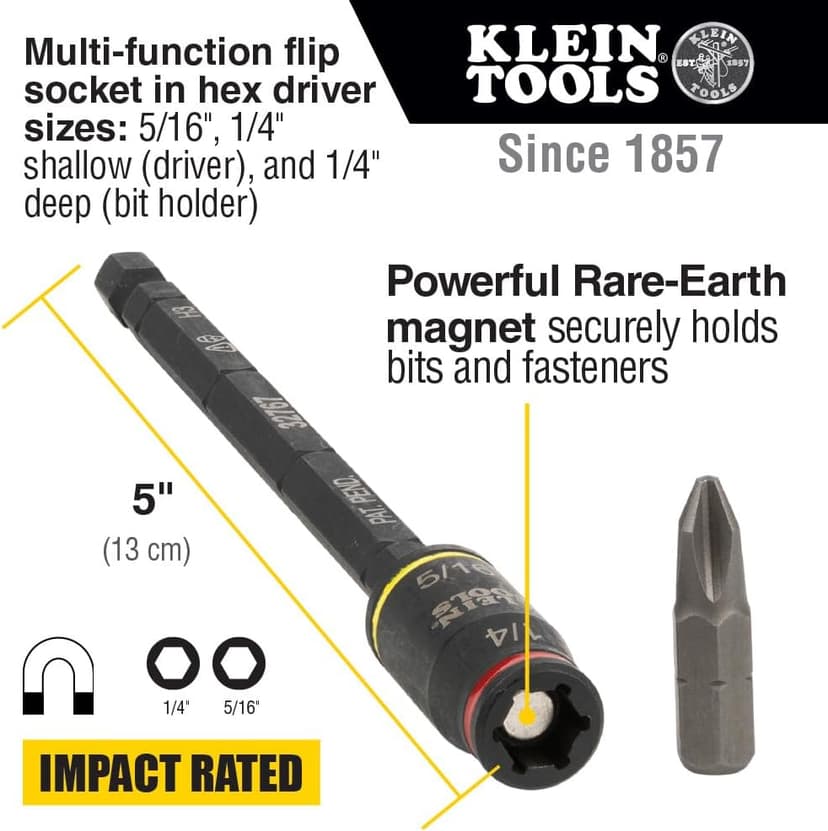 Klein Tools 32768 Impact Driver Set, 3-in-1 SAE Impact Socket and Bit Holder, Flip Socket with Nut Drivers in 1/4 and 5/16 Hex Sizes, 3 and 5-Inch Lengths, 2-Piece