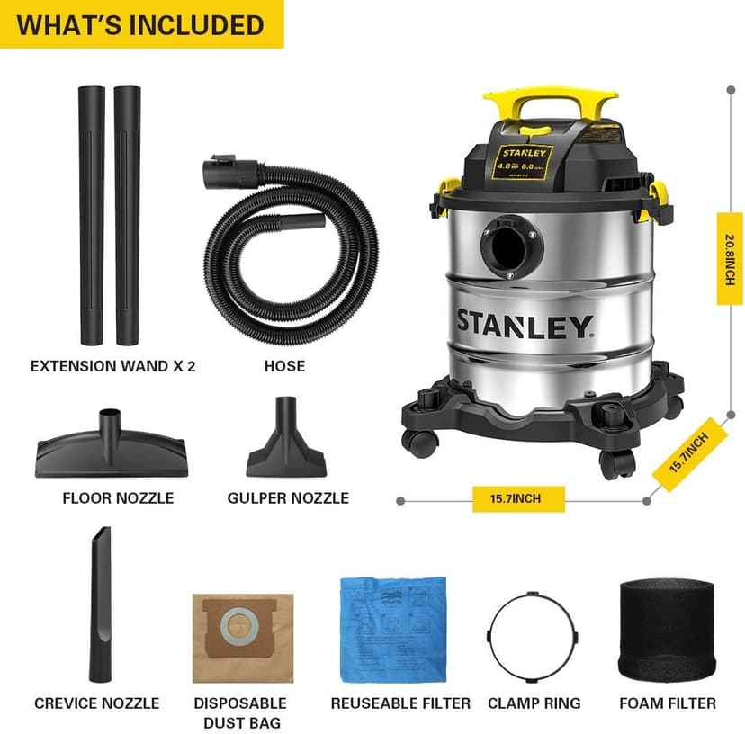 STANLEY SL18116 Wet/Dry Vacuum, 6 Gallon, 4 Horsepower, Stainless Steel Tank, 4.0 HP, Silver+Yellow