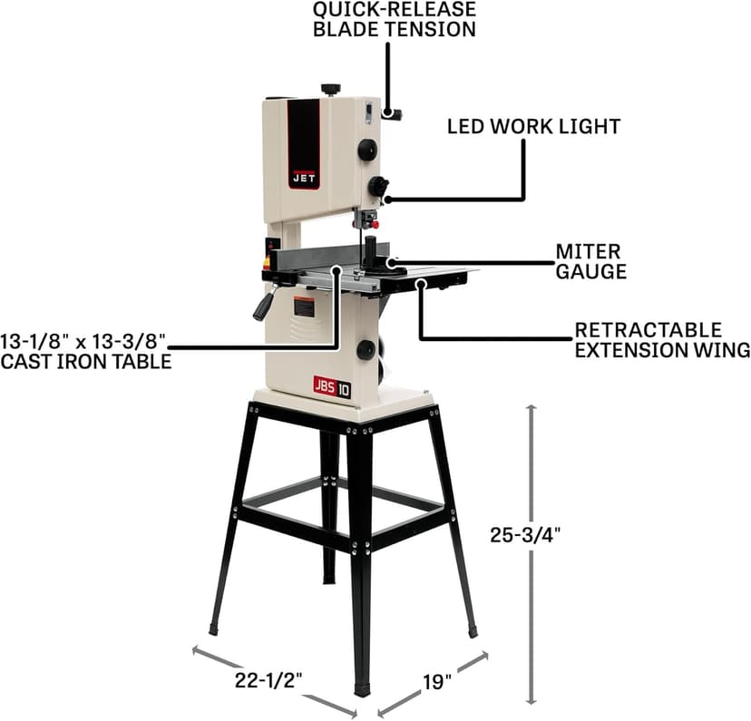 JET 10-Inch Woodworking Bandsaw with Stand, 1/2 HP, 115V 1Ph (Model JWB-10)