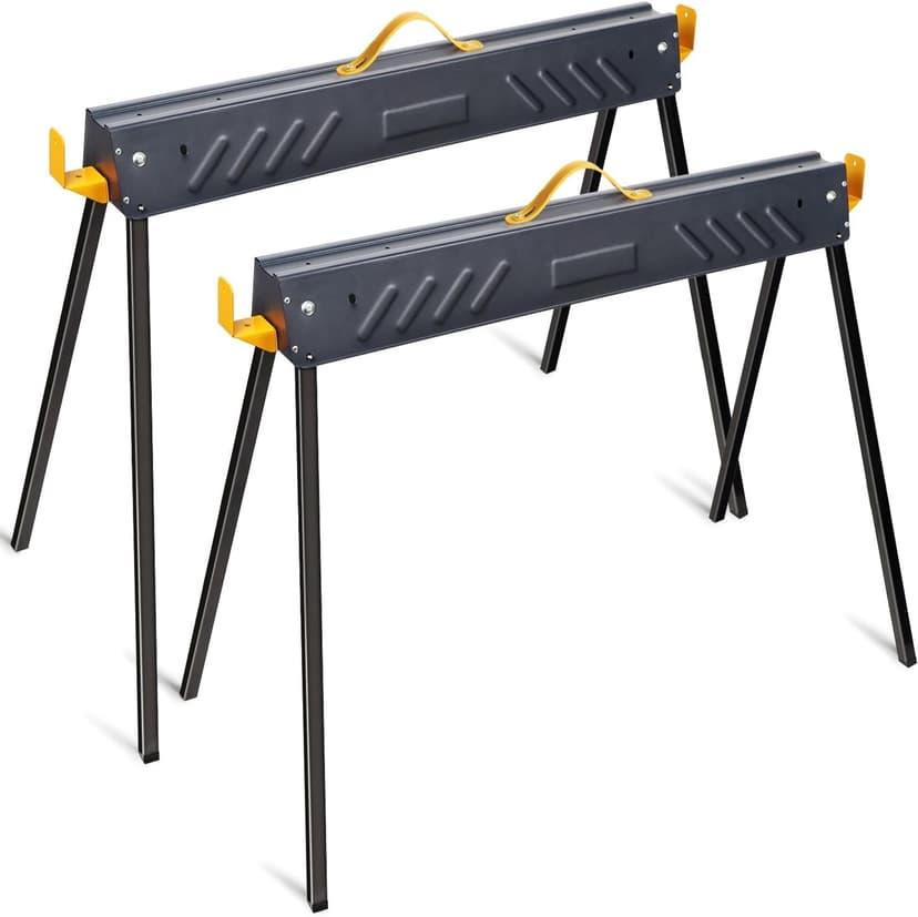 FORUP 2 Pack Heavy Duty Folding Portable Saw Horses Table, 1322 Lbs Load Capacity Metal Saw Horse with Fast Open Legs and Easy Grip Handle for Woodworking, Dark Grey & Yellow