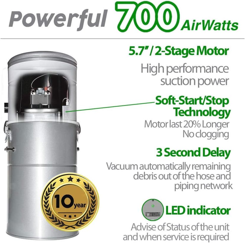 OVO Heavy Duty Powerful 700 Airwatts Central Vacuum System, Hybrid Filtration (with or Without Disposable Bags) 35L or 9.25Gal, with 30 ft Carpet Deluxe Accessory Kit