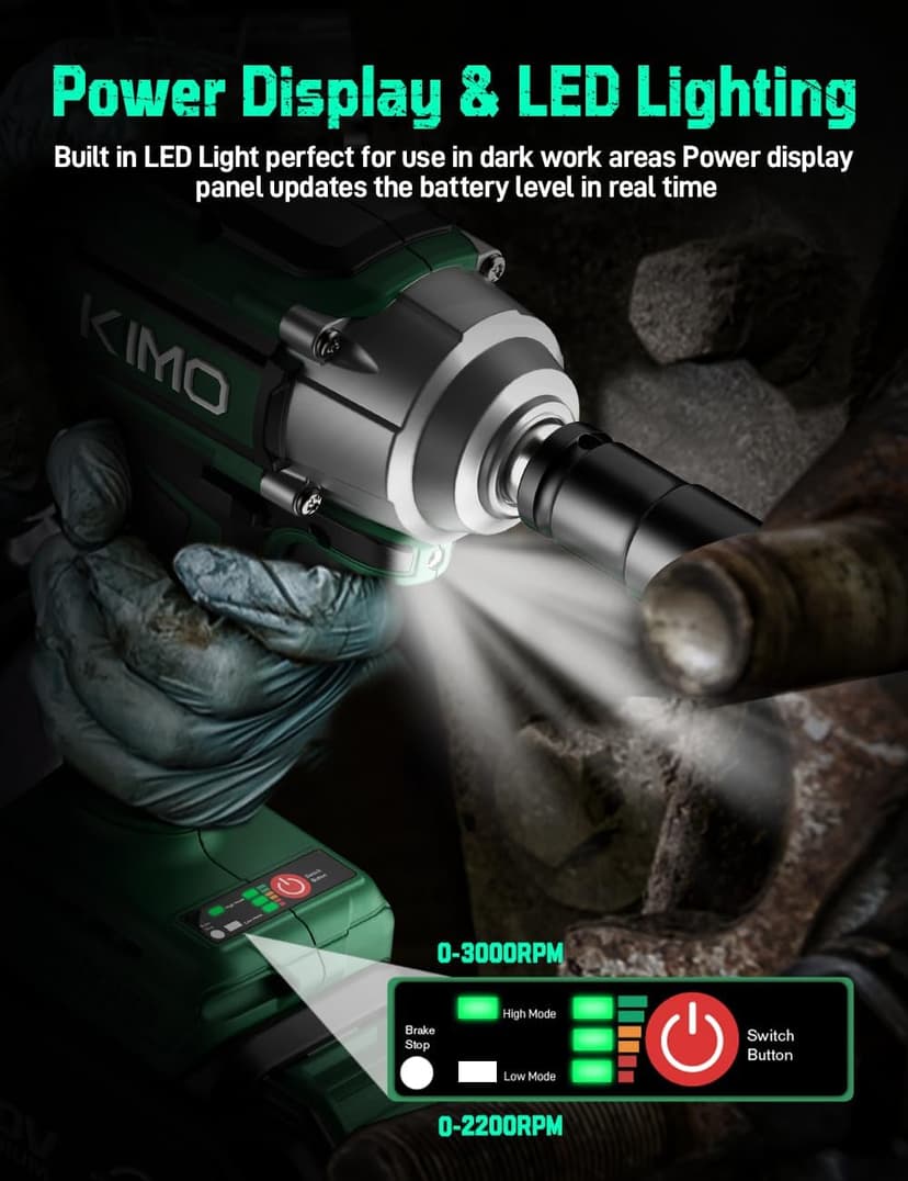 KIMO Impact Wrench 1/2, Max Torque 406ft-lbs (550N.m) & 3000RPM /Premium Brake Stop, 9-Piece Drill & Serewdriver Set, 4 Sockets, Cordless Impact Wrench with 4000mAh Battery, Impact Driver for CarTires
