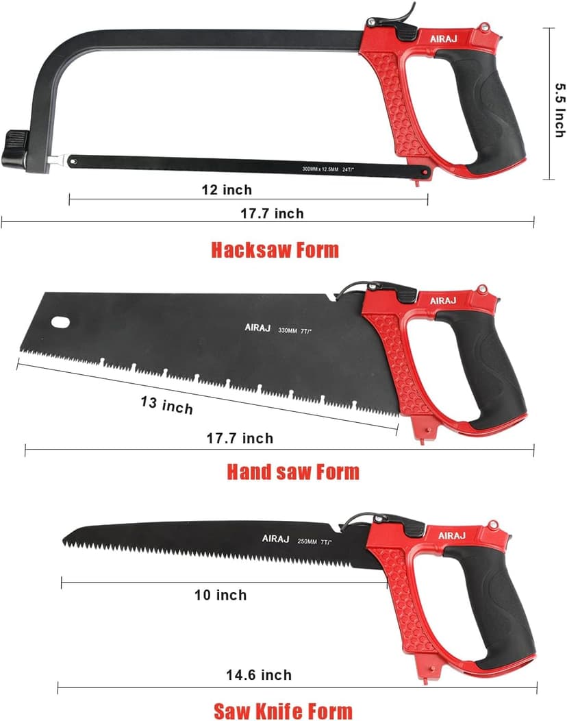 AIRAJ High-end Hacksaw Set, Universal Metal Hacksaw with 3 Different Hacksaw Blades, Best Hacksaws for Metal and Heavy Duty Hand Saw for Cutting Wood, for Cutting Any Metals and Wood Material