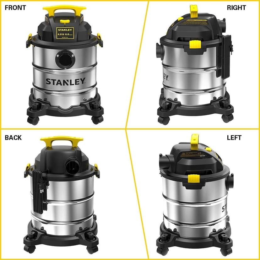 STANLEY SL18116 Wet/Dry Vacuum, 6 Gallon, 4 Horsepower, Stainless Steel Tank, 4.0 HP, Silver+Yellow