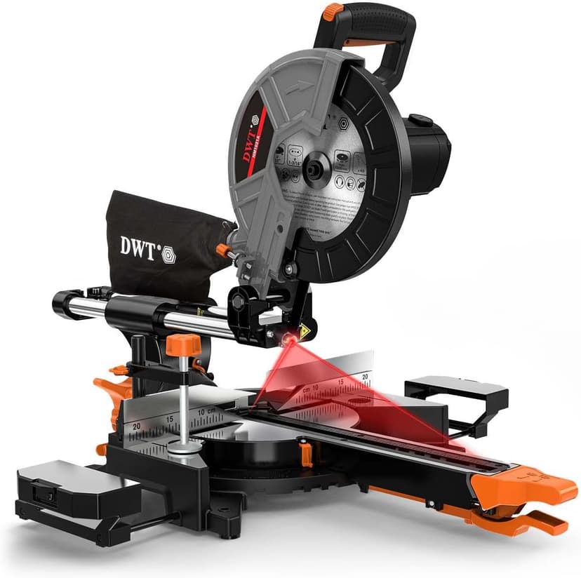 DWT Sliding Compound Miter Saw with 3 Blades, 15A 10", Double Speed (4500 RPM & 3200 RPM), Bevel Cut (0°-45°) with Laser, Extension Table, Iron Blade Guard, Cutting Wood, PVC or Soft Metal