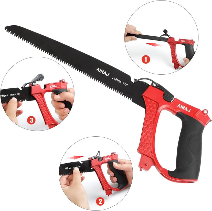 AIRAJ High-end Hacksaw Set, Universal Metal Hacksaw with 3 Different Hacksaw Blades, Best Hacksaws for Metal and Heavy Duty Hand Saw for Cutting Wood, for Cutting Any Metals and Wood Material