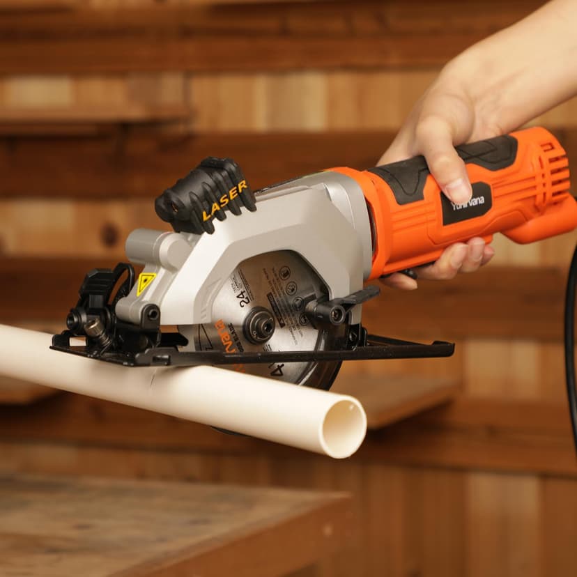 4Amp 3500RPM Mini Circular Saw with Laser Guide, Vacuum Adapter, Blade Wrench and Rip Guide, Max. Cutting Depth1-5/8"(90°), 1-1/10"(45°）Compact Saw with 2 pcs 4-1/2" 24T TCT Blades