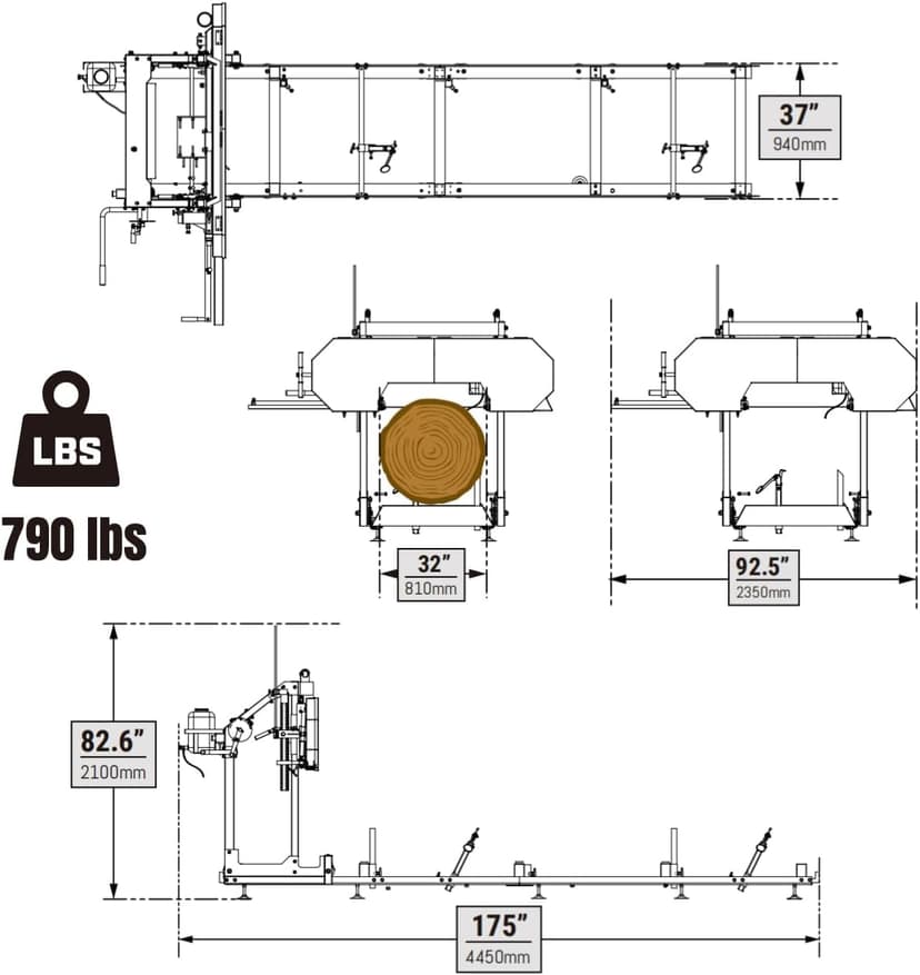 32" inch Portable Sawmill, 420cc 15HP E-Start Gasoline Engine, 29" Board Width, 13' Track Length, Model SM-32