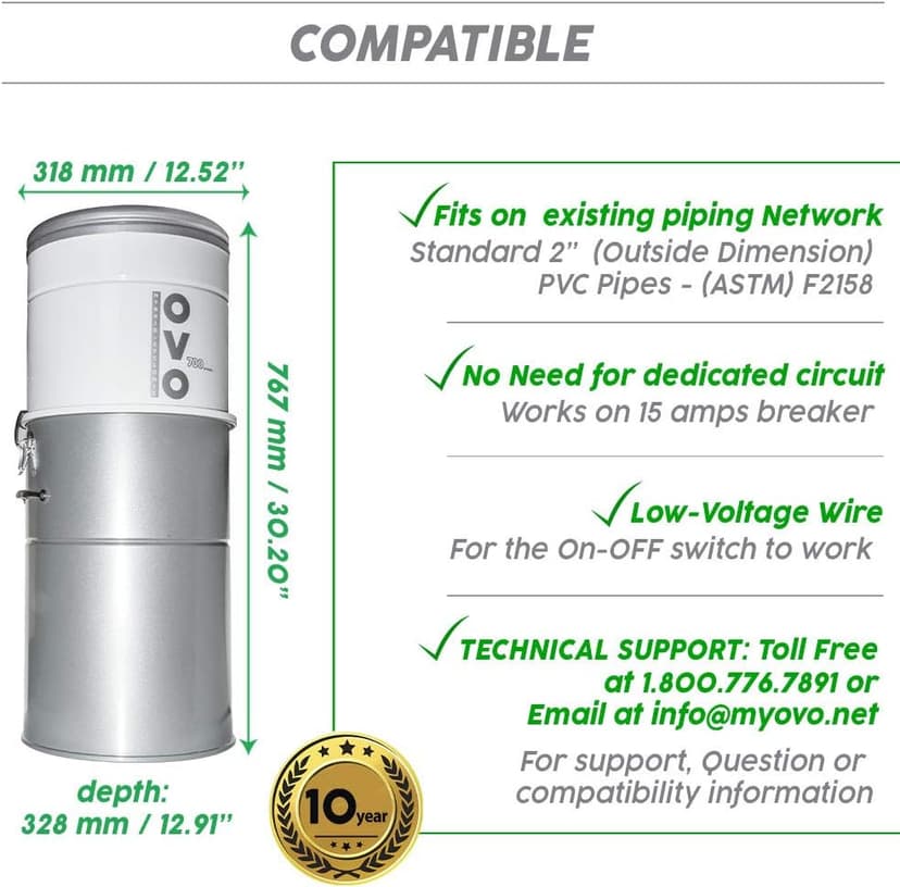 OVO Heavy Duty Powerful 700 Airwatts Central Vacuum System, Hybrid Filtration (with or Without Disposable Bags) 35L or 9.25Gal, with 30 ft Carpet Deluxe Accessory Kit