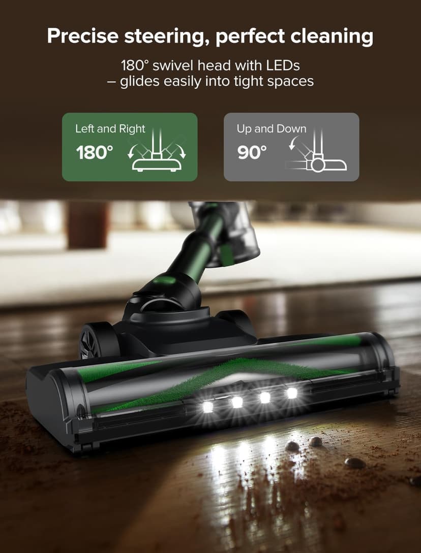 Vexilar Cordless Vacuum Cleaner, 550W/45Kpa Vacuum Cleaners for Home, Stick Vacuum with Brushless Motor, 45Mins Runtime, Touch Screen, Self-Standing, Lightweight Handheld Vacuum for Pet Hair(Green)