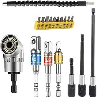 Flexible Drill Bit Extension Set, Includes 105° Right Angle Drill, Bendable Drill Extension, 3pcs 1/4 3/8 1/2" Universal Socket Adapter Set, 3pcs Drill Bit Holder, Screwdriver Bit Kit