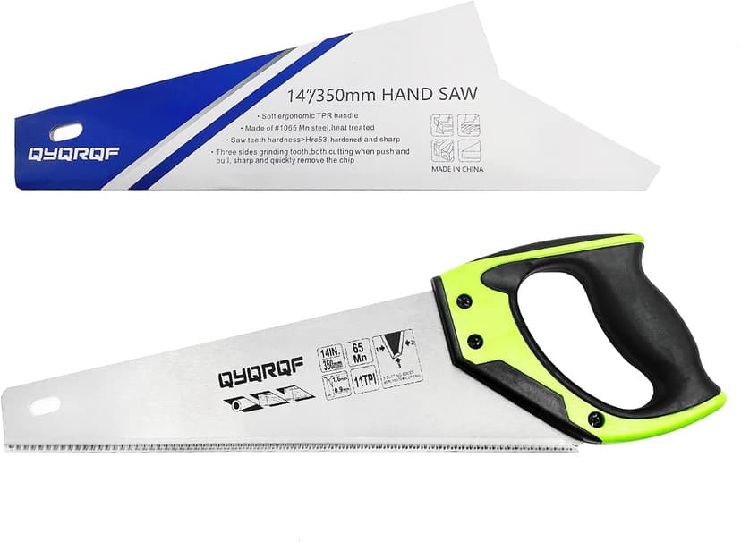 14 in. Pro Hand Saw, 11 TPI Fine-Cut Soft-Grip Hardpoint Handsaw Perfect for Sawing, Trimming, Gardening, Cutting Wood, Drywall, Plastic Pipes, Sharp Blade, Ergonomic Non-Slip Handle (green)