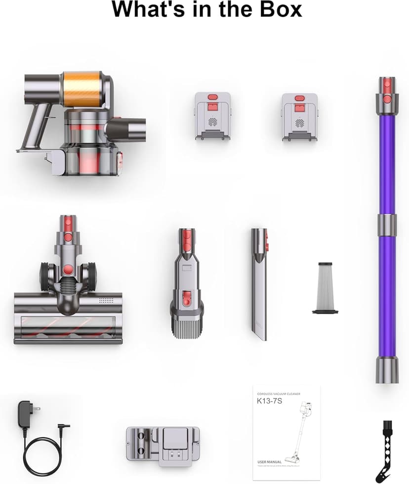 Cordless Vacuum Cleaner, 2 Batteries 120 Mins Runtime, 550W 45KPA Stick Vacuum with Self-Standing, Tangle-Free Brush, LED Display, Vacuum Cleaner for Home Hardwood Floor, Carpet, Pet Hair