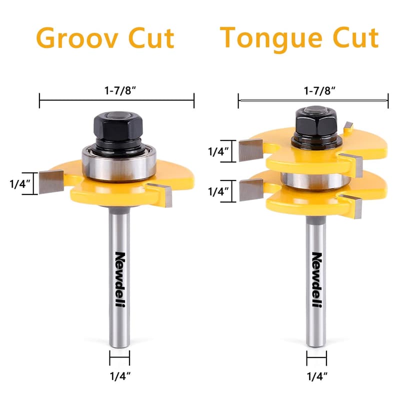 Newdeli Tongue and Groove Router Bit Set 1/4 Inch Shank - 2pcs Router Bits for 3/4" Stock, 1/2" Cutting Depth - T Shape 3 Teeth Wood Milling Cutter Woodworking Tool