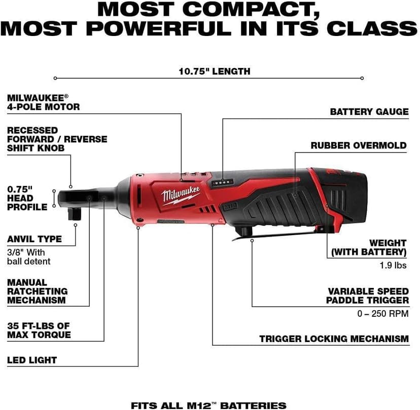 Milwaukee 2498-25 M12 12V Cordless 5-Tool Combo Kit: 2407-20 3/8 in.Drill/Driver + 2462-20 1/4 in. Hex Impact Driver+2420-20 Hackzall Recip Saw+2457-20 3/8 in.Ratchet+49-24-0146 LED Worklight,YKGAV