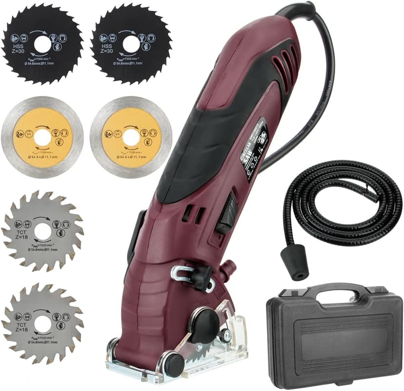 Mini Circular Saw Set, Handheld Circular Saw Corded 3400RMP 400W 110V Max Cutting Depth ½ Inch/12mm w/6 Blades, Multifunction Compact Circular Saw for Wood Drywall Tile Soft Metal PVC Pipe