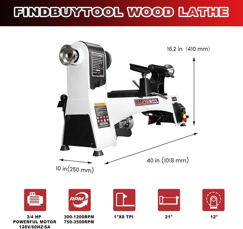 FINDBUYTOOL Wood Lathe, 12" x 21" Benchtop Variable Speed Midi Wood Lathe Machine, 3/4 HP, 6 AMP Motor, 2 Rotational Speed Range Settings (300-3500 RPM), Wood Lathe Machine