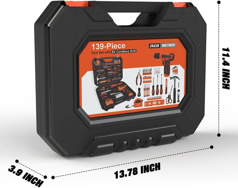 139-Piece Tool Set - Tool Kit with 8V Cordless Drill Driver in ToolBox Storage Case, General Household Drill Set for Home Repairs, Handyman, DIY Projects