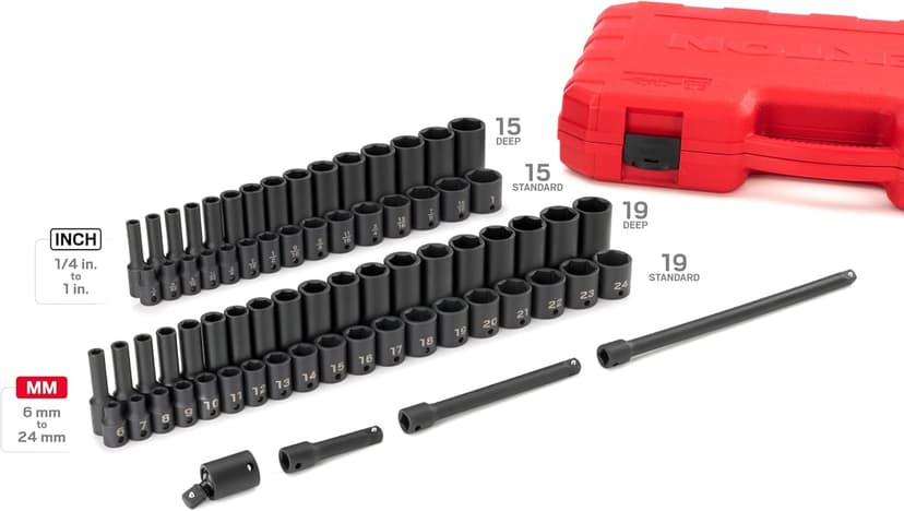 TEKTON 3/8 Inch Drive 6-Point Impact Socket Set, 72-Piece (1/4-1 in., 6-24 mm) | SID91404