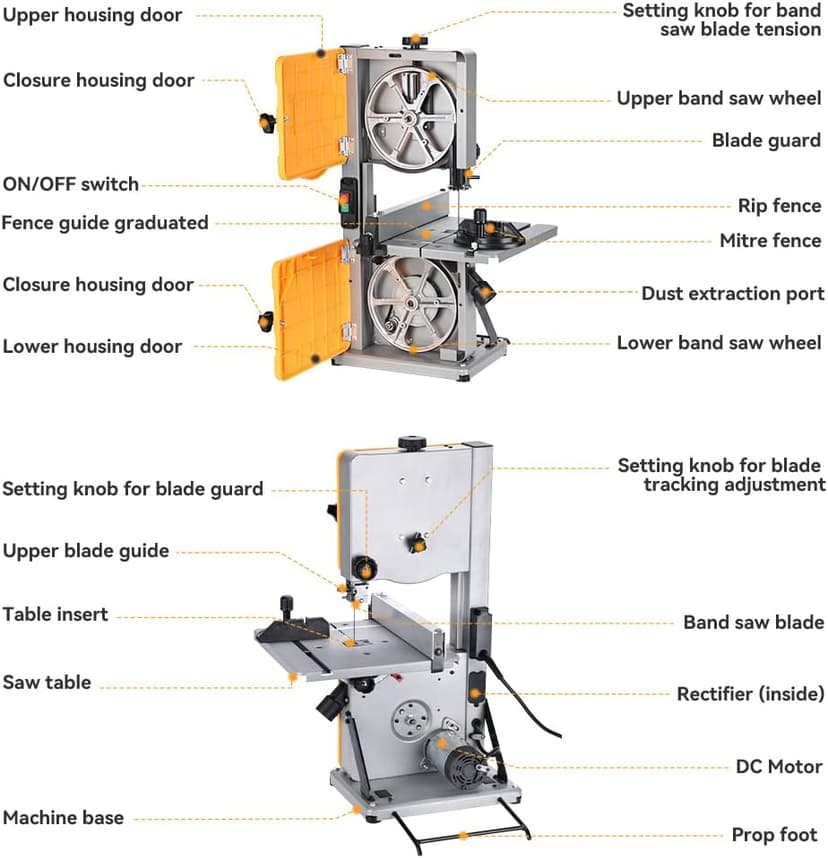Hoteche 8-Inch Band Saw 2.0A Low Noise Two Cutting Height Table Benchtop with Fence and Miter Gauge for Woodworking, DIY Projects and Precision Cutting, Tilting Range 0-45°