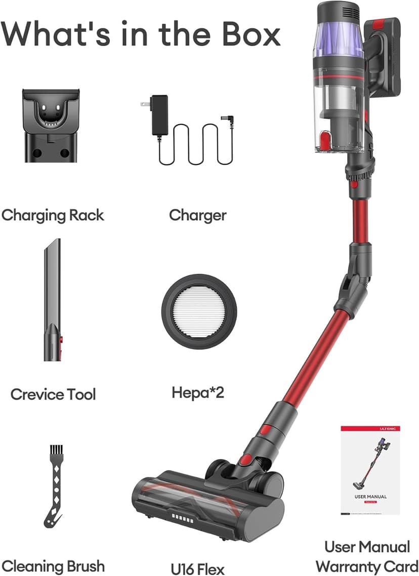 Ultenic Cordless Vacuum Cleaner, 550W/50Kpa, 60Mins Runtime, Stick Vacuum Cordless Rechargeable with 180°Bendable Wand, Anti-Tangle Brush, Vacuum Cleaners for Home/Pet Hair/Carpet/Floor U16