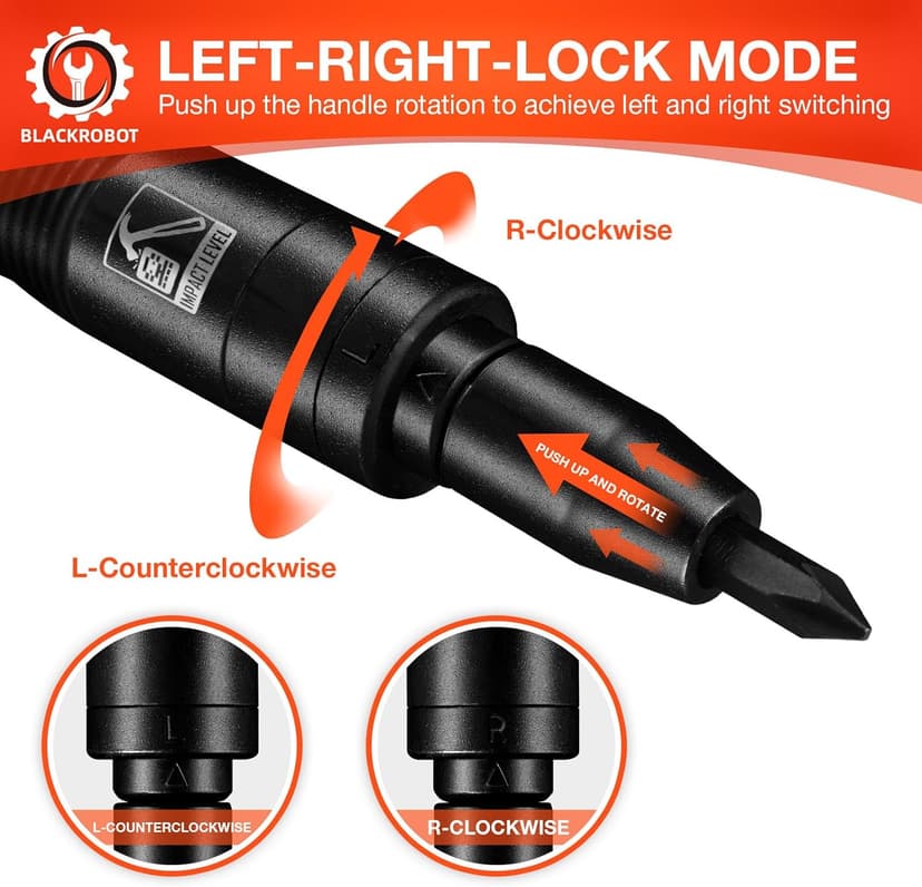 BLACKROBOT 1/2 Inch Drive Impact Screwdriver Set, CR-V, Hand Manual Reversible Impact Driver Set Extractor, 5/16 Inch Bit Adapter with S2 Steel Bits, 10PCS, Disengage Rusted Fasteners or Frozen Bolts