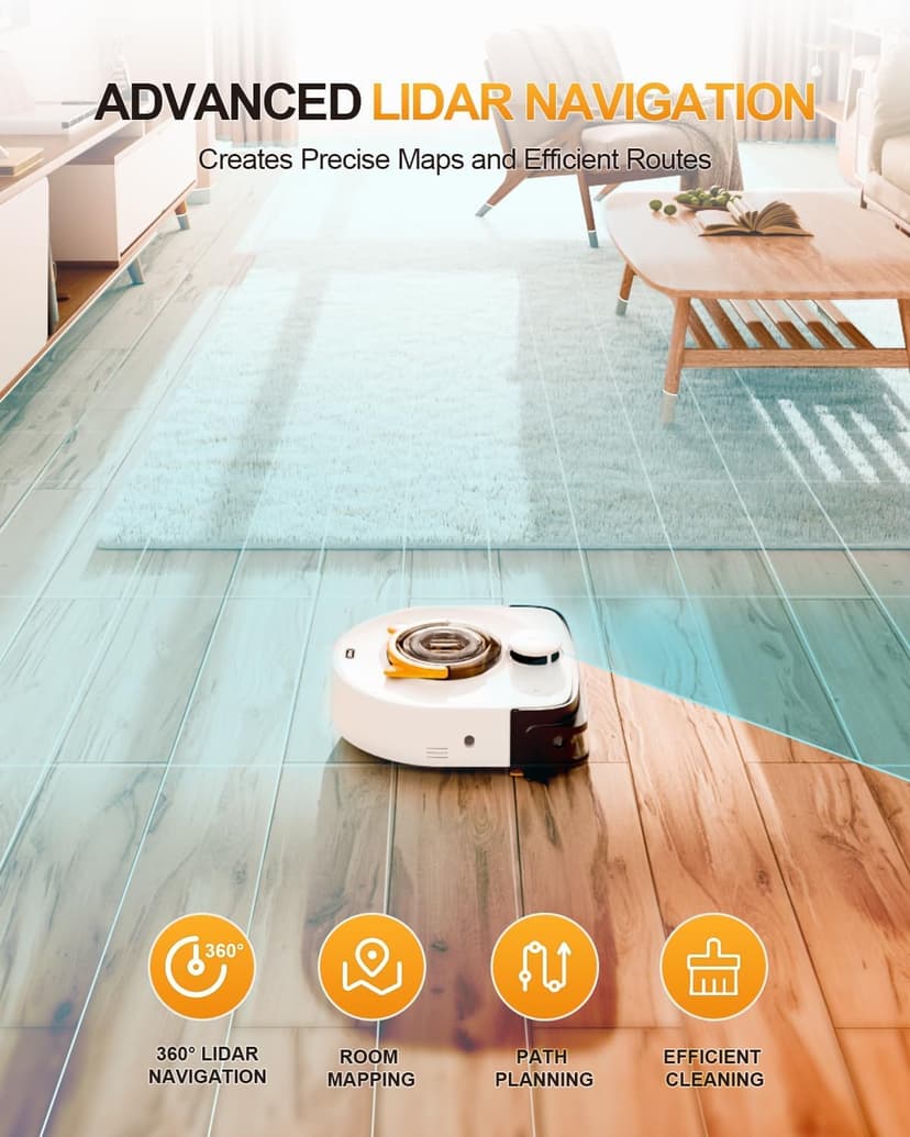 Robot Vacuum Cleaner, 22,000Pa Ultra-Strong Suction - Automatic Robot Vacuum for Pet Hair & Carpets, Tangle-Free Cleaning, Smart Mapping with LiDAR Navigation, App Controlled Vacuum Robot