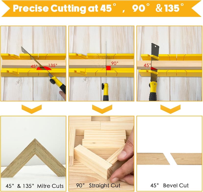 4-Piece Miter Box and Saw Set, 12-Inch Mitre Box with 3 Mitre Saws for Precise Miter and Bevel Cuts, Miter Box with Saw Included for Woodworking, Crafting and Carpentry