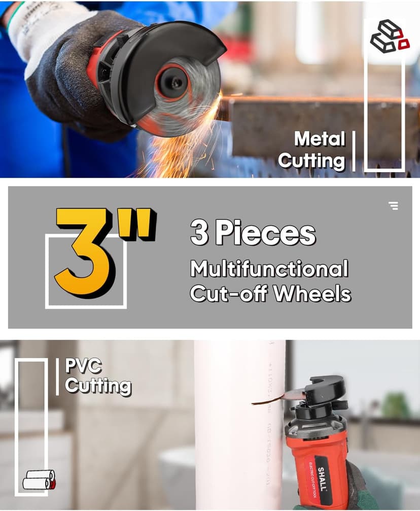 SHALL 3 Inch High-Speed Cut Off Tool, 3.5 Amp Metal Cutter Tool with 3Pcs Multifunctional Cut Off Wheels, 24000RPM Electricl Metal Cutting Tools for Steel, Inox, PVC