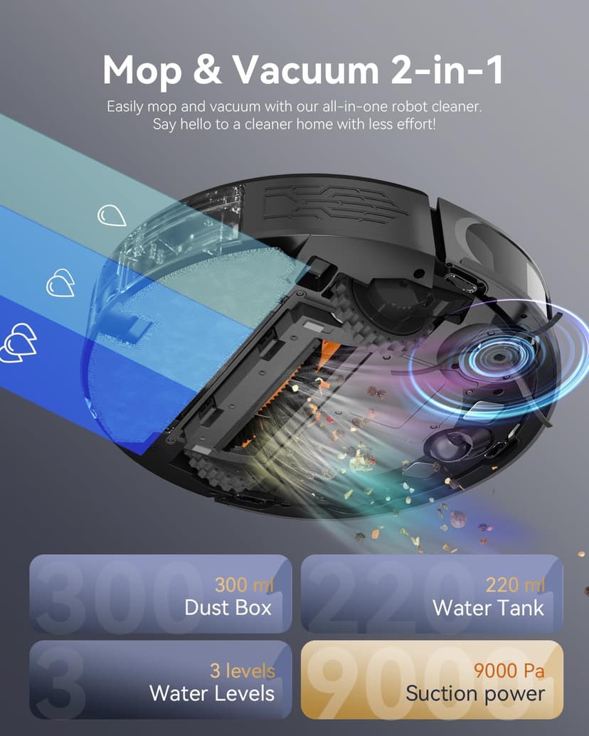 Robot Vacuum and Mop Combo, LiDAR Navigation, Ultra Slim Design, 9000Pa Suction Robotic Vacuum Cleaner – 200 Min Runtime, Auto Recharge, Customizable Cleaning for Pet Hair, Hard Floors