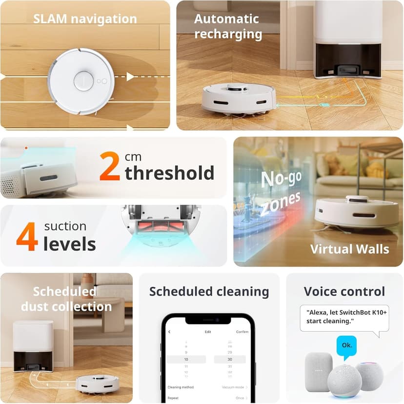 SwitchBot Mini Robot Vacuum K10+, Self-Emptying Base for 70 Days of Cleaning, LiDAR Navigation, Robot Vacuum and Mop Combo with Custom Cleaning, 48dB Ultra Quiet, 150Mins Max, Compatible with Alexa