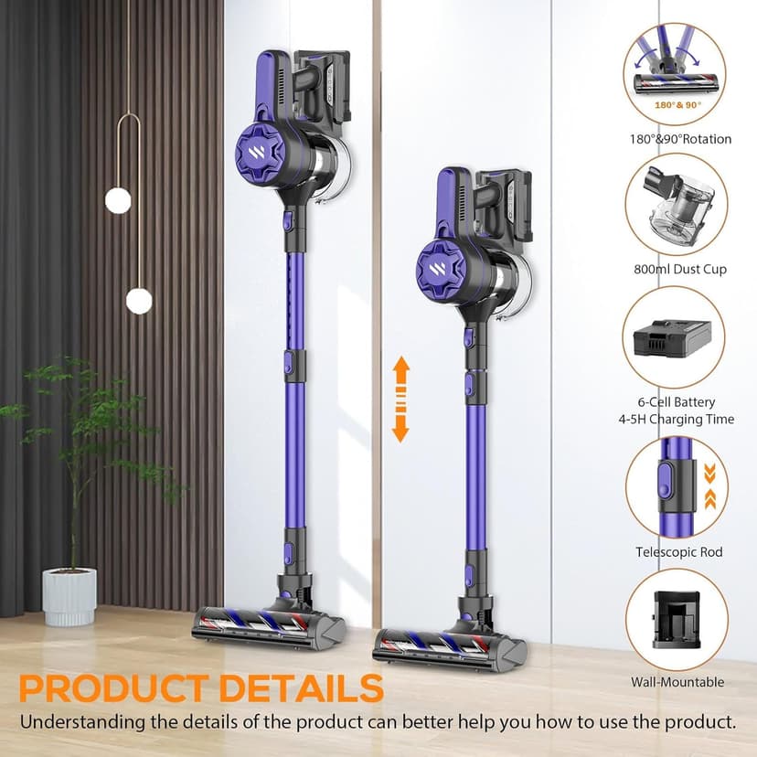Vacuum Cleaners for Home, Cordless Vacuum Cleaner Powerful Suction with 80000 RPM, Up to 40mins Runtime, Rechargeable, Wall-Mounted, Tangle-Resistant Stick Vacuum for Carpet, Hard Floors