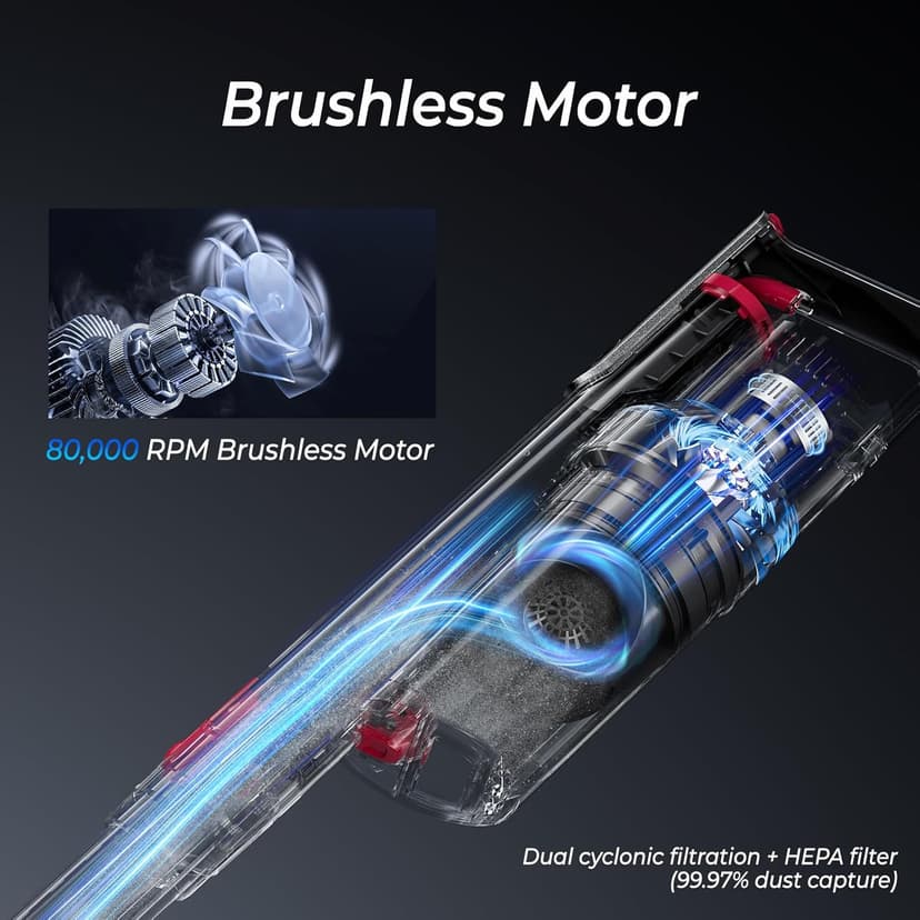 Cordless Vacuum Cleaner 45Kpa Brushless Motor Vacuum Cleaners for Home, Lightweight Stick Vacuum with LED Floor Brush, Rechargeable Cordless Vacuum for Pet Hair Carpet Hardwood Floor