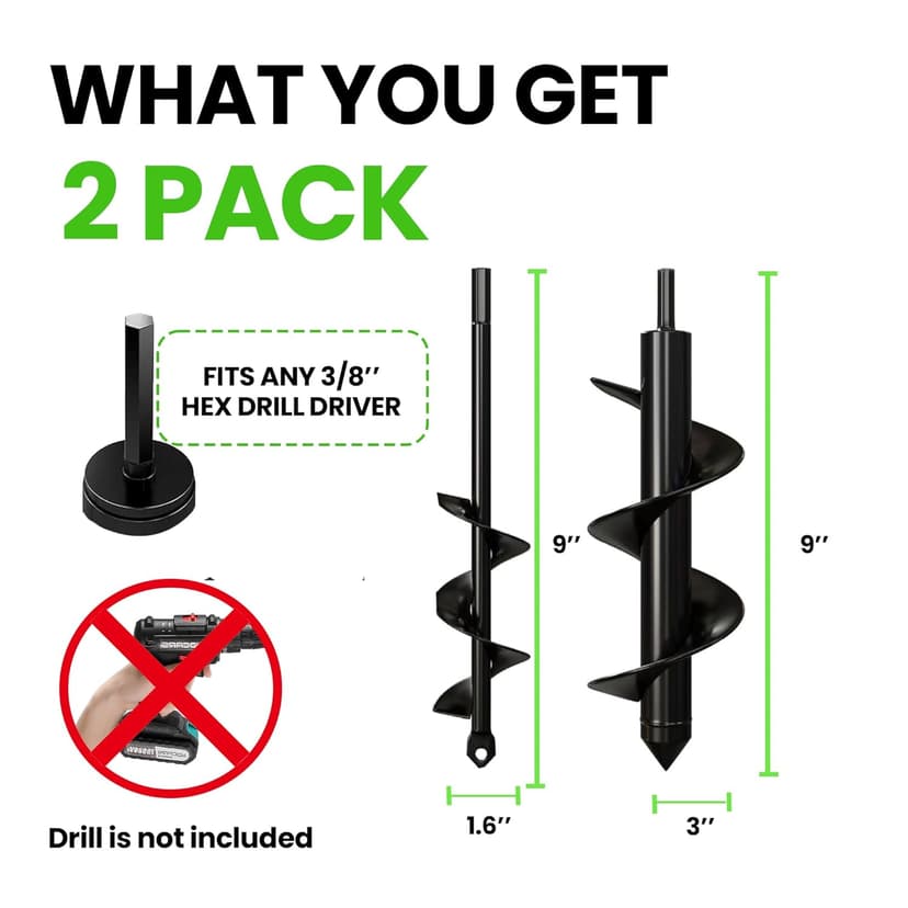 K-Brands Auger Drill Bit for Planting – 1.6 x 9 Inch & 3 x 9 Inch Set - Garden Spiral Hole Drill and Bulb Planter Tool - Bedding Plants, Umbrella Holes - 3/8 Inch Hex Drive Drill