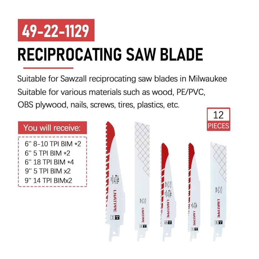 49-22-1129 Replacement for Milwauke Sawzall Reciprocating Saw Blade for Metal Wood PVC Pipe Cutting(Set of 12)