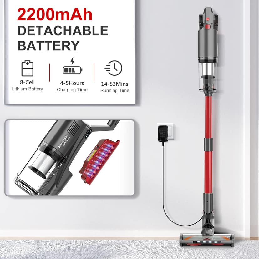 whall Cordless Vacuum Cleaner, Upgraded 25Kpa Suction 280W Brushless Motor Cordless Stick Vacuum Cleaner, Lightweight Handheld Vacuum for Home Pet Hair Carpet Hard Floor, up to 55mins Runtime,Grey