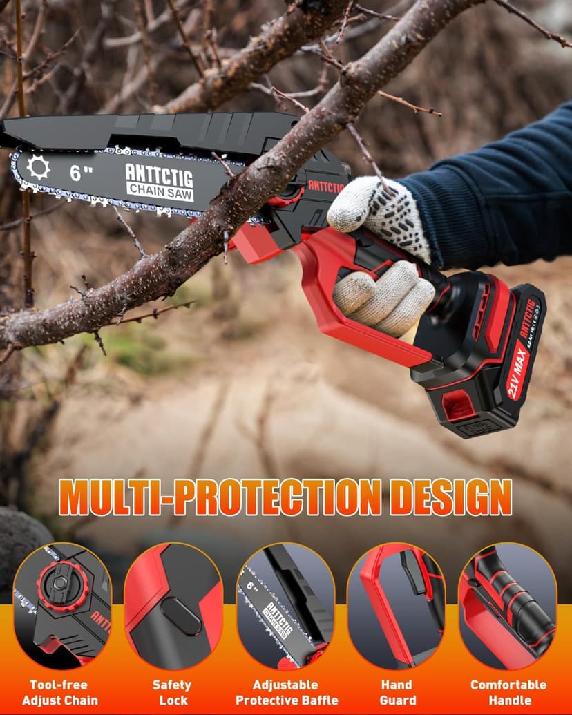 Mini Chainsaw Cordless, 6 inch Small Electric Chainsaw Battery Powered, Handheld Mini Chain Saw with 2 Batteries&2 Chains, Hand Saws for Branch Wood Cutting Tree Trimming (UPGRADED VERSION), Red