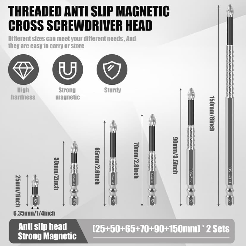 Alloy High-Magnetic Screwdriver Drill Bit Set, 12Pcs Impact Phillips Bits, Non-Slip Teeth Phillips Screwdriver Bit Set, Long Drill Bits for Electric Drills, 1+2+2.6+2.8+3.5+6in