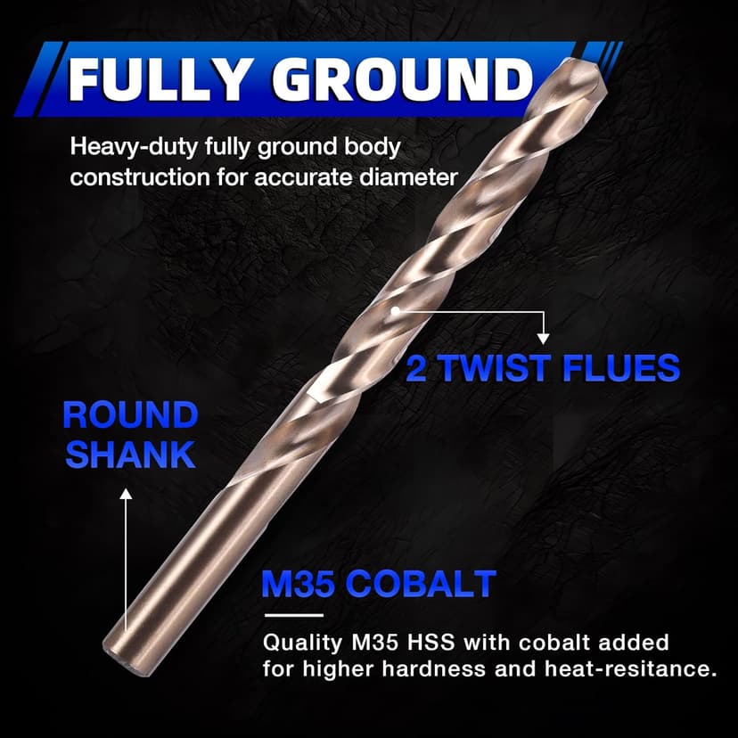 Cobalt Drill Bit Set, 29Pcs (1/16" - 1/2") M35 Fully Grounded 5% Cobalt Bits for Hardened Metals, Stainless Steel, Cast Iron and Wooden Plastics, with Metal Index Storage Box