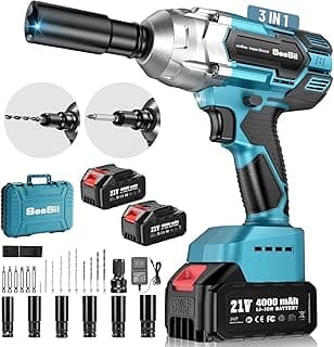 Seesii Cordless Impact Wrench 1/2 inch, High Torque 479 Ft-lbs(650Nm) Brushless Impact Gun,2500RPM w/2x4.0 Battery, 6 Sockets,8 Drill Bits, High Torque Power Impact Driver for Car Home,WH700