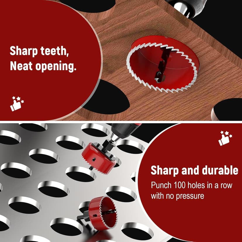 12-Piece Hole Saw Kit, Includes 8 Sizes (3/4" to 2-1/2"), Arbors, Drill Bits, and Hex Key, Ideal for Softwood, Plywood, and PVC(RED)