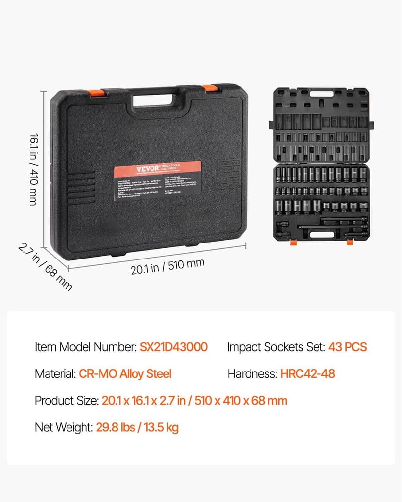 VEVOR Impact Socket Set 1/2" Socket Set 43 Piece Deep & Shallow SAE 3/8" to 1-1/2", 6 Point Cr-Mo Alloy Steel for Auto Repair, Easy-to-Read Size Markings, Rugged Construction, Storage Case