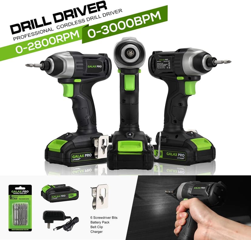 GALAX PRO Impact Driver 20 V Lithium Ion 1/4" Hex Cordless Driver with LED Work Light, 6 Pieces Screwdriver Bits, Variable Speed (0-2800 RPM)- 1.3 Ah Battery and Charger Included