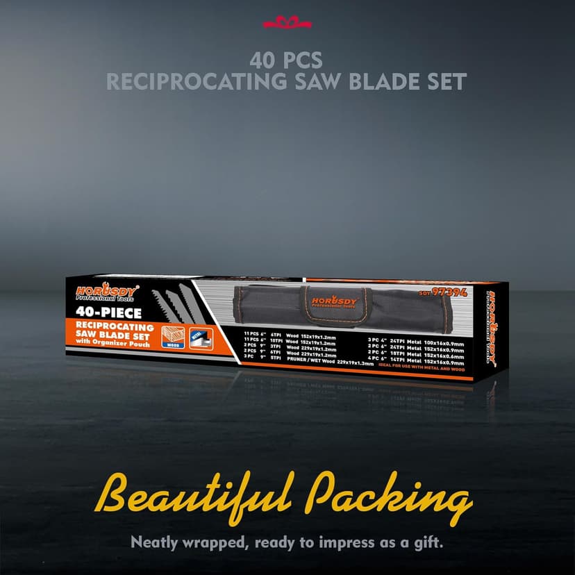 HORUSDY 40-Piece Reciprocating Saw Blade Set for Wood & Metal | Includes Pruning, Wet Wood, PVC and Metal Cutting Blades (3-24TPI) | with Storage Pouch for Easy Organization