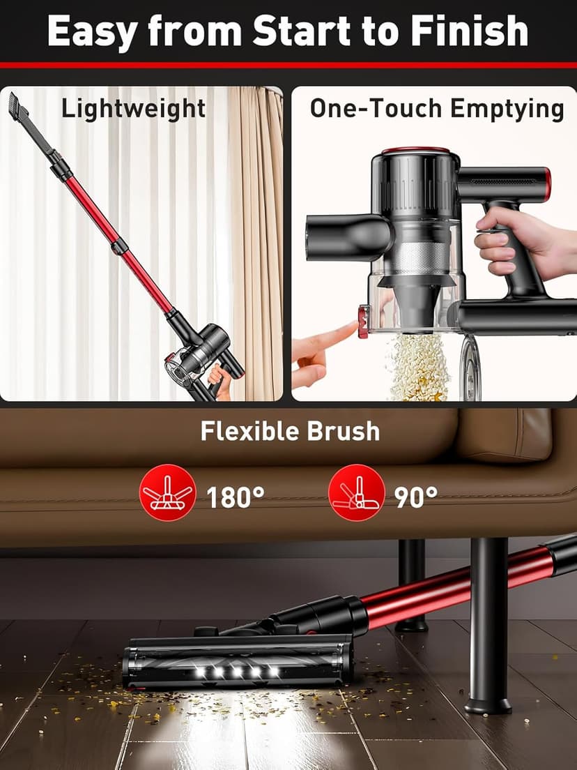 Cordless Vacuum Cleaner, 8-in-1 Vacuum Cleaners for Home, 45Mins Runtime, Anti-Tangle Stick Vacuum with LED Display, Rechargeable Lightweight Vacuum for Pet Hair/Carpet/Floor (Red)