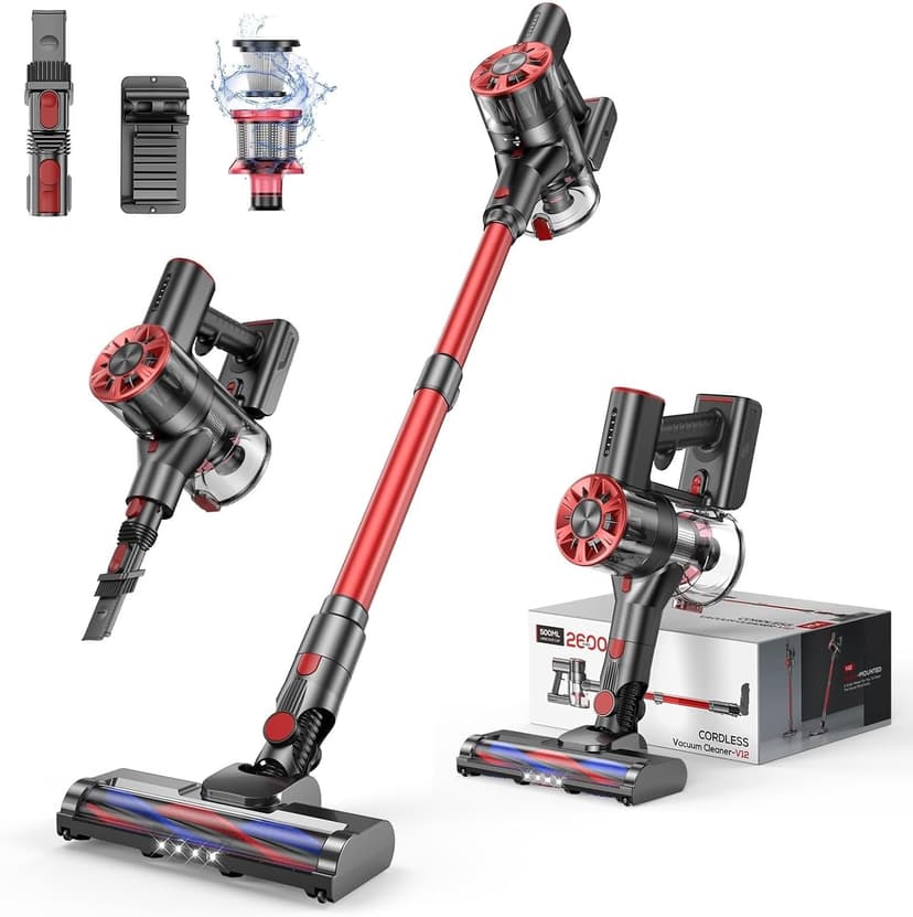 Cordless Vacuum Cleaner Rechargeable with 2600mAh Detachable Battery, Powerful Vacuums with 2 Adjustable Modes, Lightweight Portable Stick Vacuum for Home (Red Black)