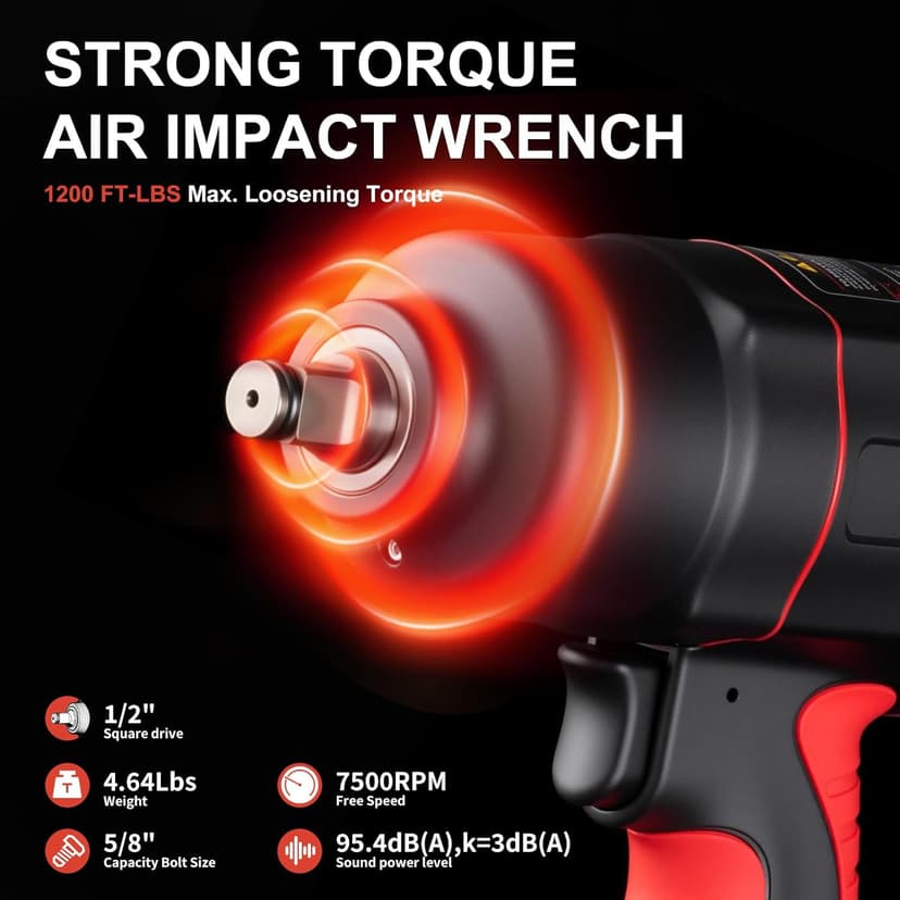 AEROPRO TOOLS 1/2-Inch Air Impact Wrench, Twin Hammer, 1200FT-LBS, 7500RPM, High Torque Pneumatic Impact Wrench, 1/2 Drive Air Impact Gun for Auto Repair, Tire Shop